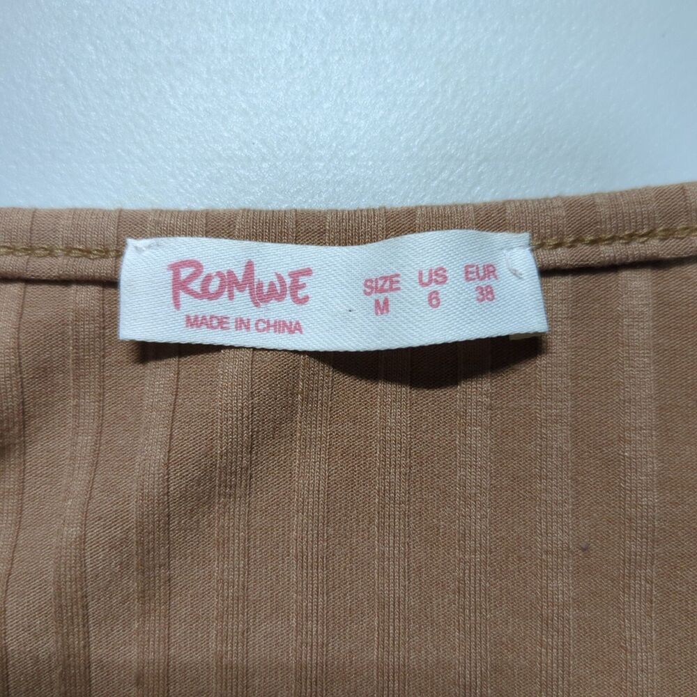 Romwe Women's Crop Top Front Tie Brown and White M - Picture 4 of 5